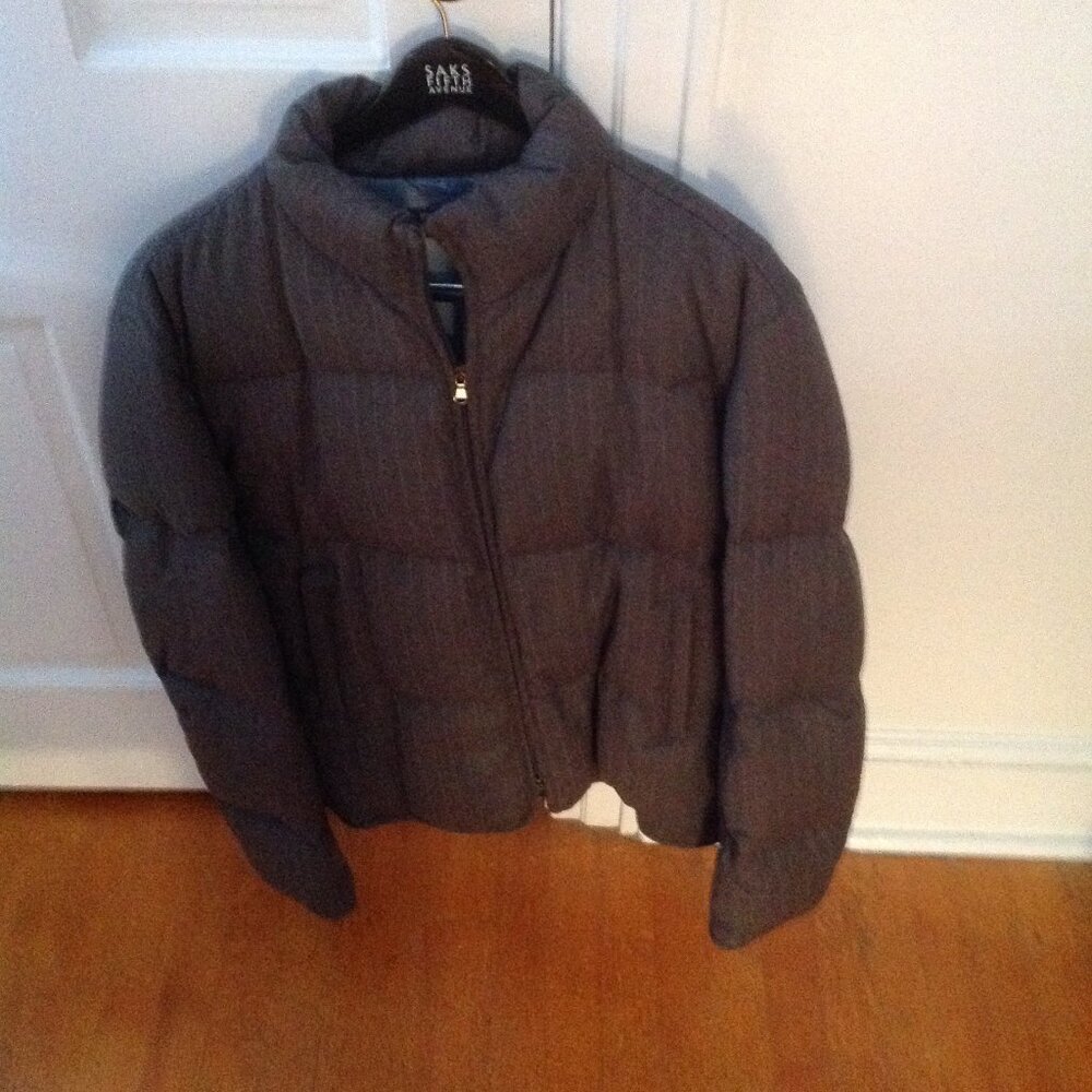 Theory Men's X-Large Dark Gray Pinstripe Puffer Coat - Never Worn